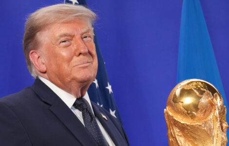 Trump celebrates the World Cup as a US victory as he prepares to present trophy to the winning team